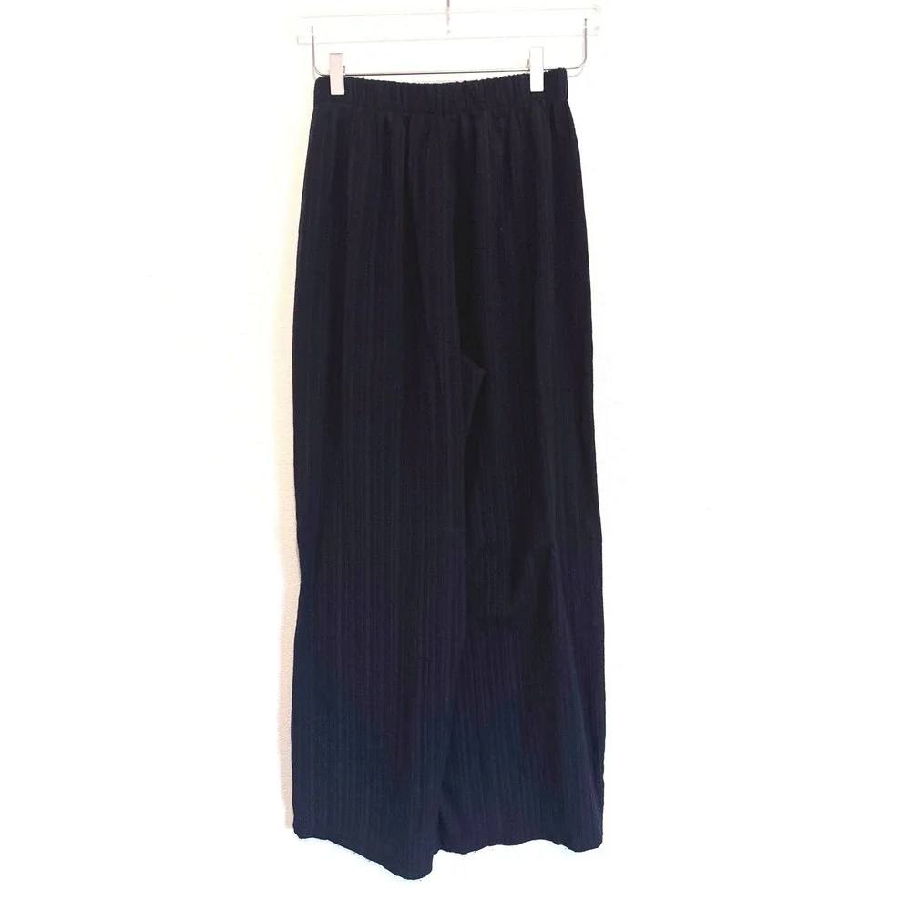 Vanessa Zani | Navy Plisse Pleated Wide-Leg Palazzo Flowy Elastic Waist Pants